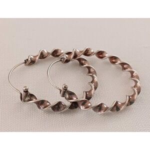 Vintage Large Sterling Silver Twisted Hoop Earrings Trombone Clasp 1 & 1/4" Soli